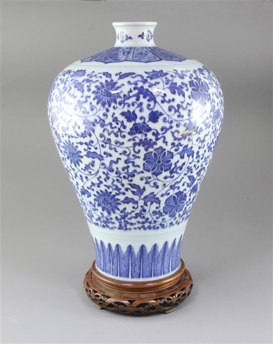 A large Chinese blue and white meiping, 39cm, wood stand